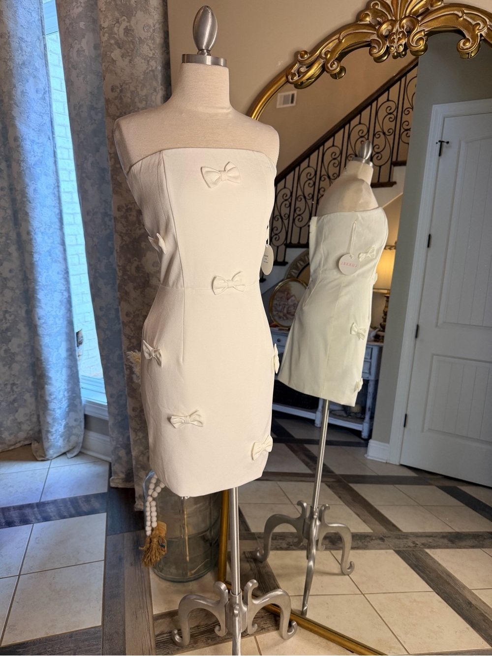 NWT Luxxel White Strapless Mini Dress with Bow Accents